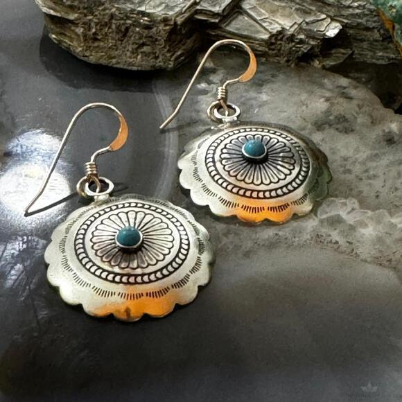 Native American Sterling Turquoise Dot Flower Concho Dangle Earrings For Women - Picture 3 of 10